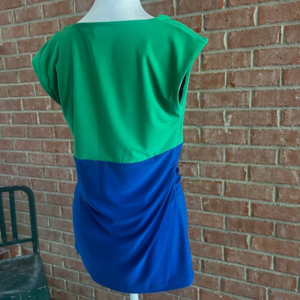 Chaus Small Green & Cobalt Blue Colorblock Cowl Neck Tunic Top